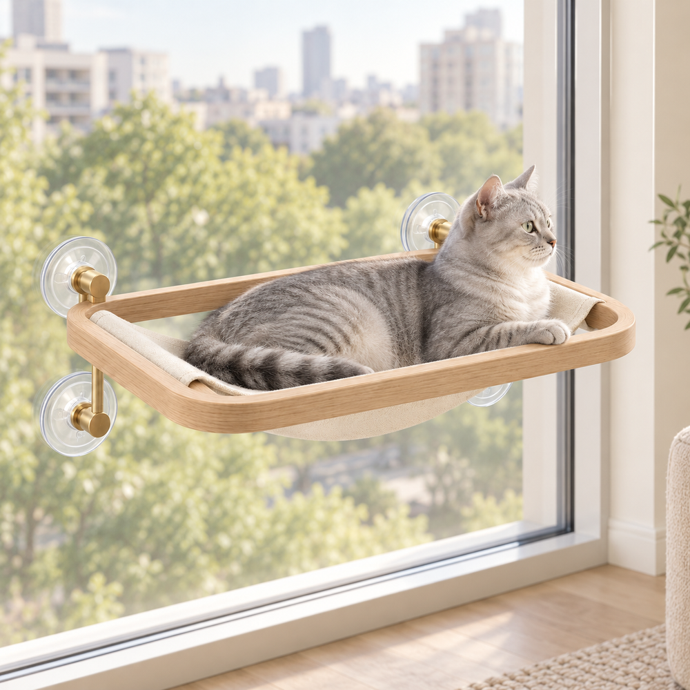 Cat relaxing on the Halo Window Perch beside a bright home window