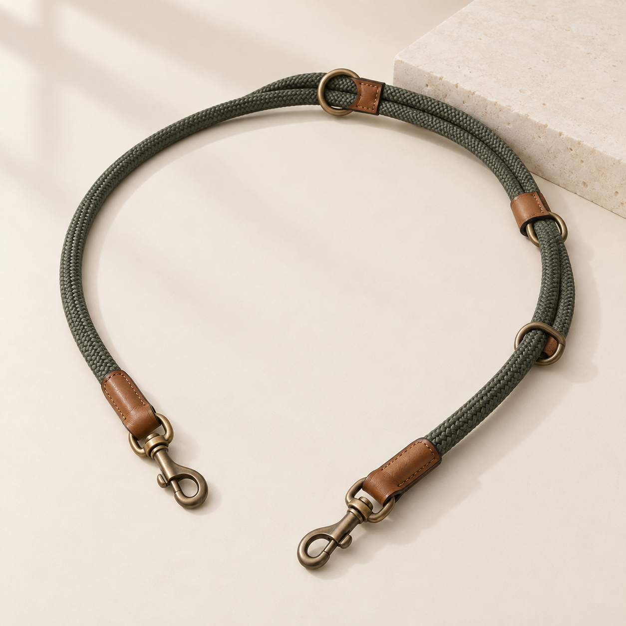 Atelier hands-free leash in deep olive with caramel leather and antique-brass hardware