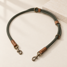 Atelier hands-free leash in deep olive with caramel leather and antique-brass hardware