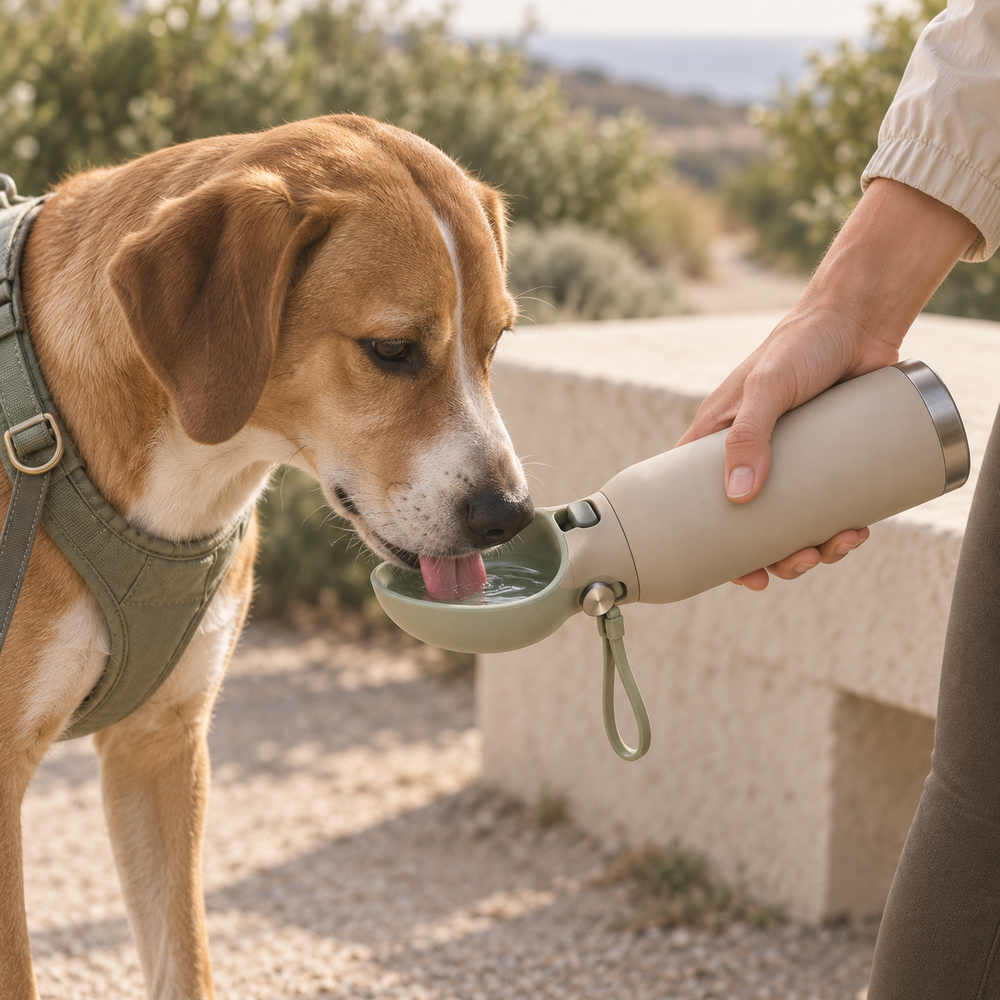 Dog drinking from the curved cup of the Nomad travel water bottle outdoors