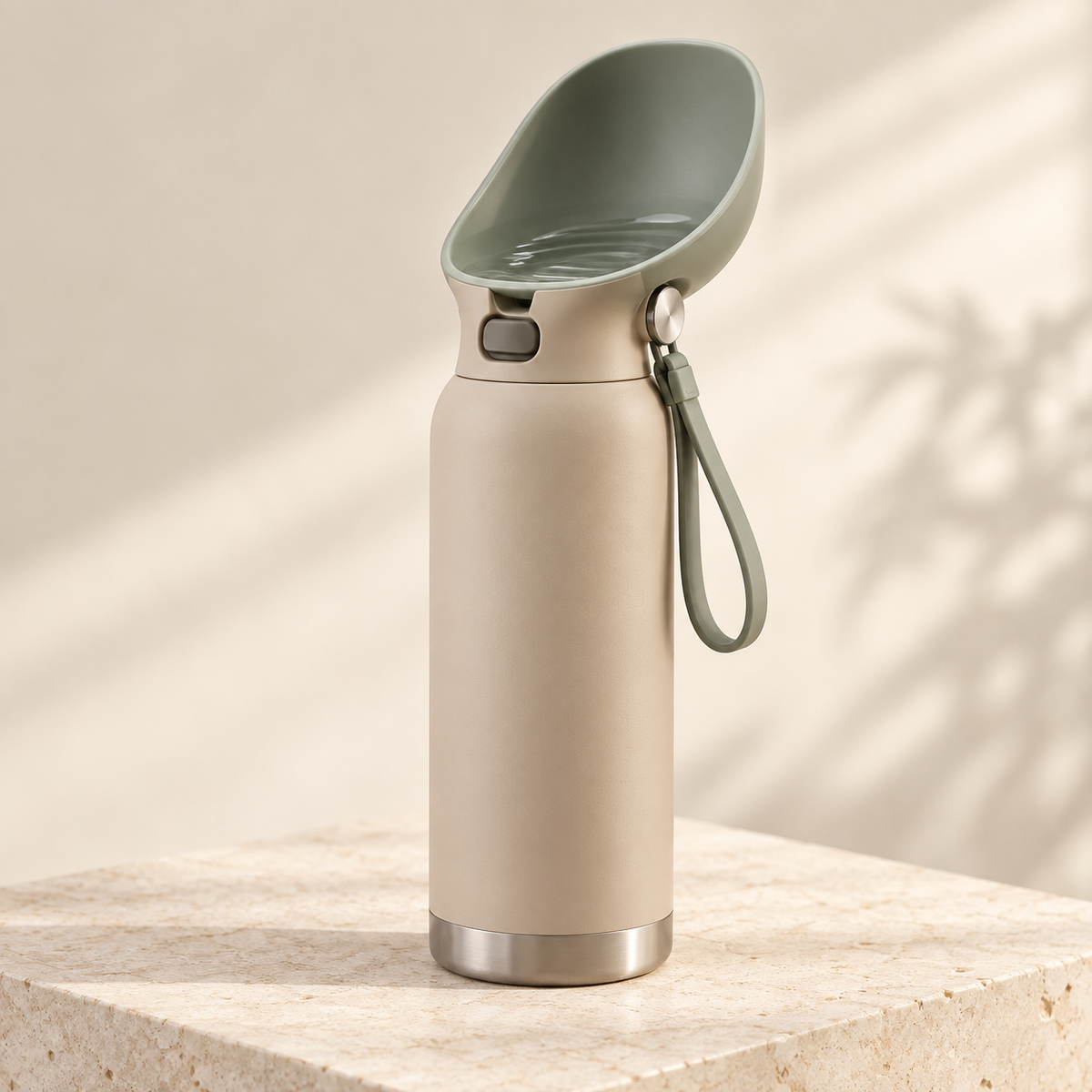 Nomad pet travel water bottle in matte sand with sage silicone carry loop