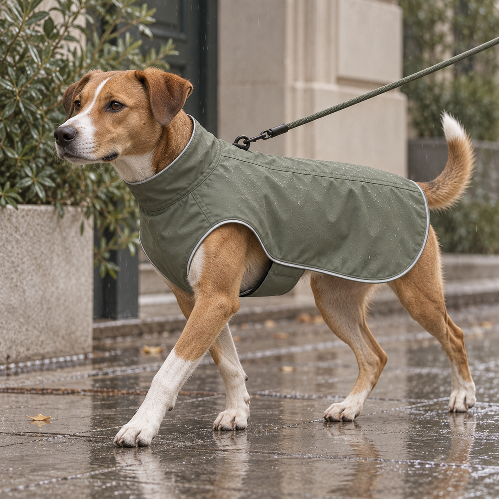 Dog wearing the RainShell coat while walking on a wet pavement