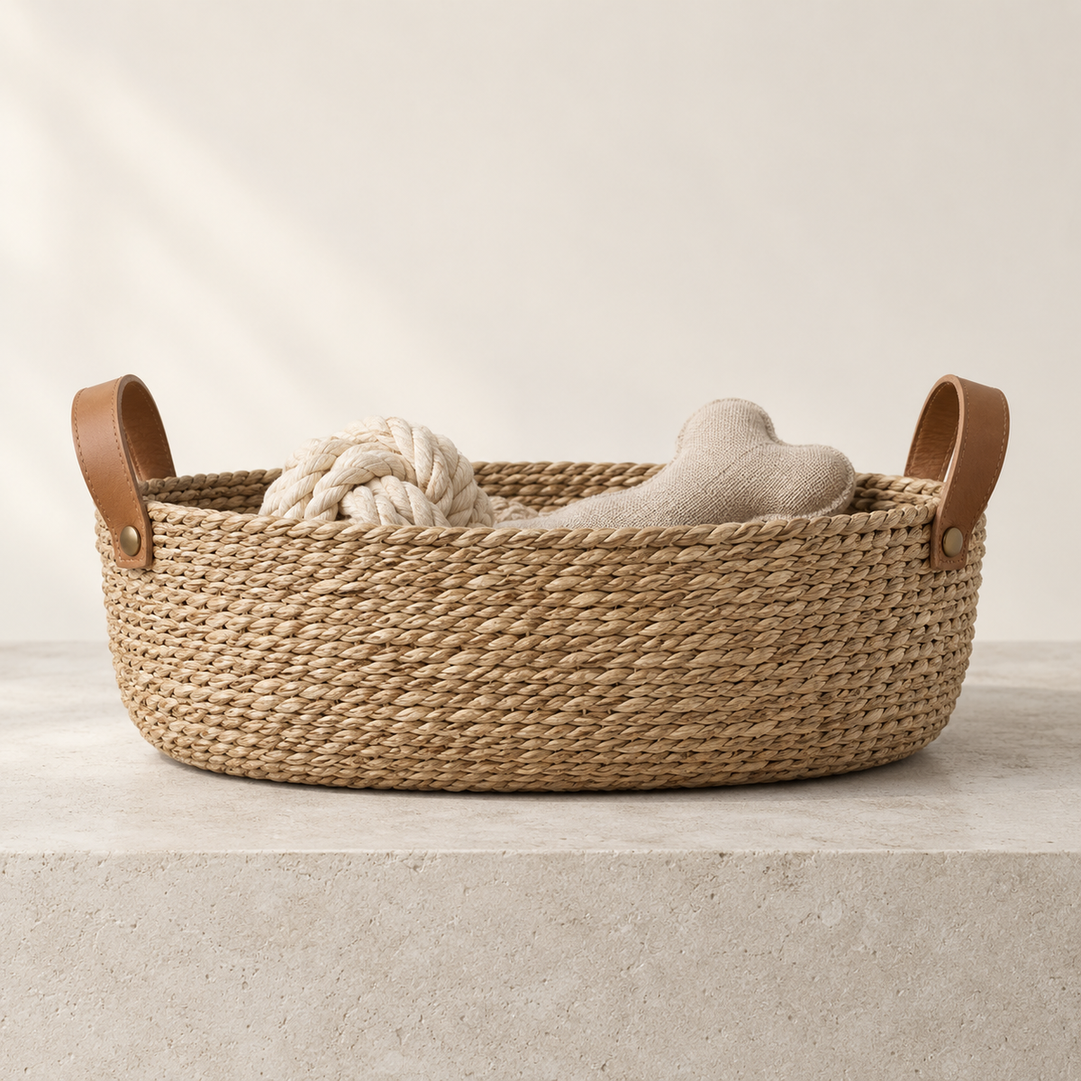 Woven Toy Basket in natural seagrass with leather handles