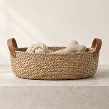 Woven Toy Basket in natural seagrass with leather handles