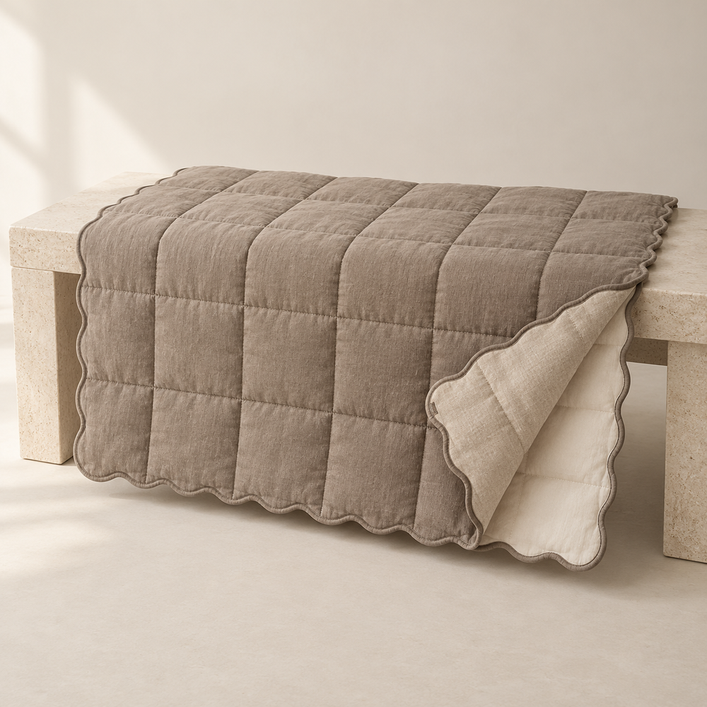 Washed Linen Sofa Throw with wide quilting and scalloped edging