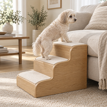 Rounded Oak Pet Steps beside furniture in a modern pet-friendly room