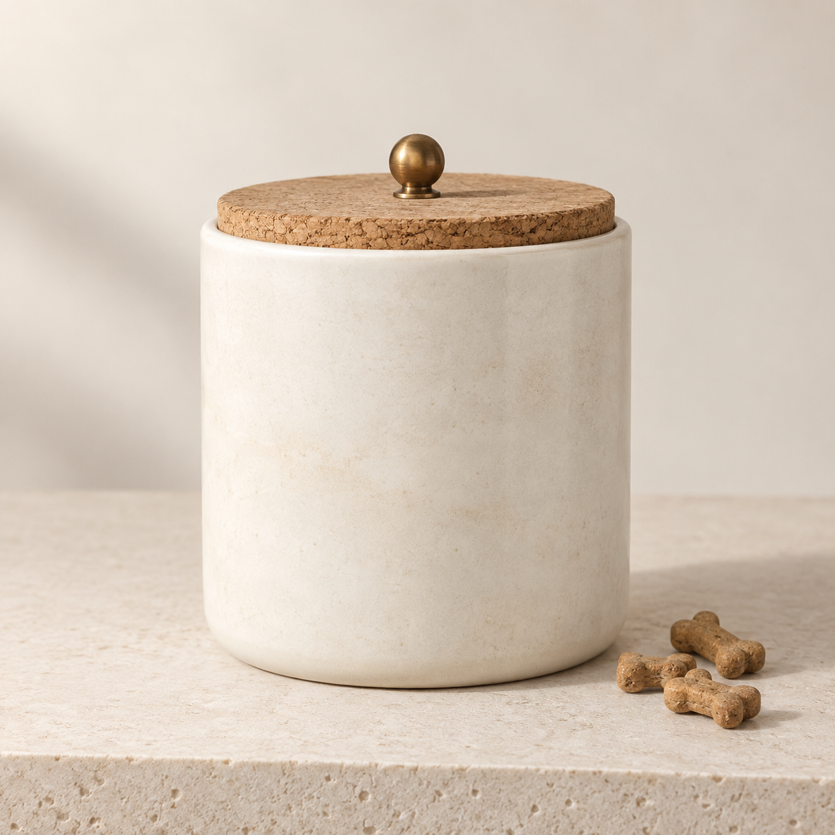 Stoneware Treat Canister with natural cork lid and brass-tone knob