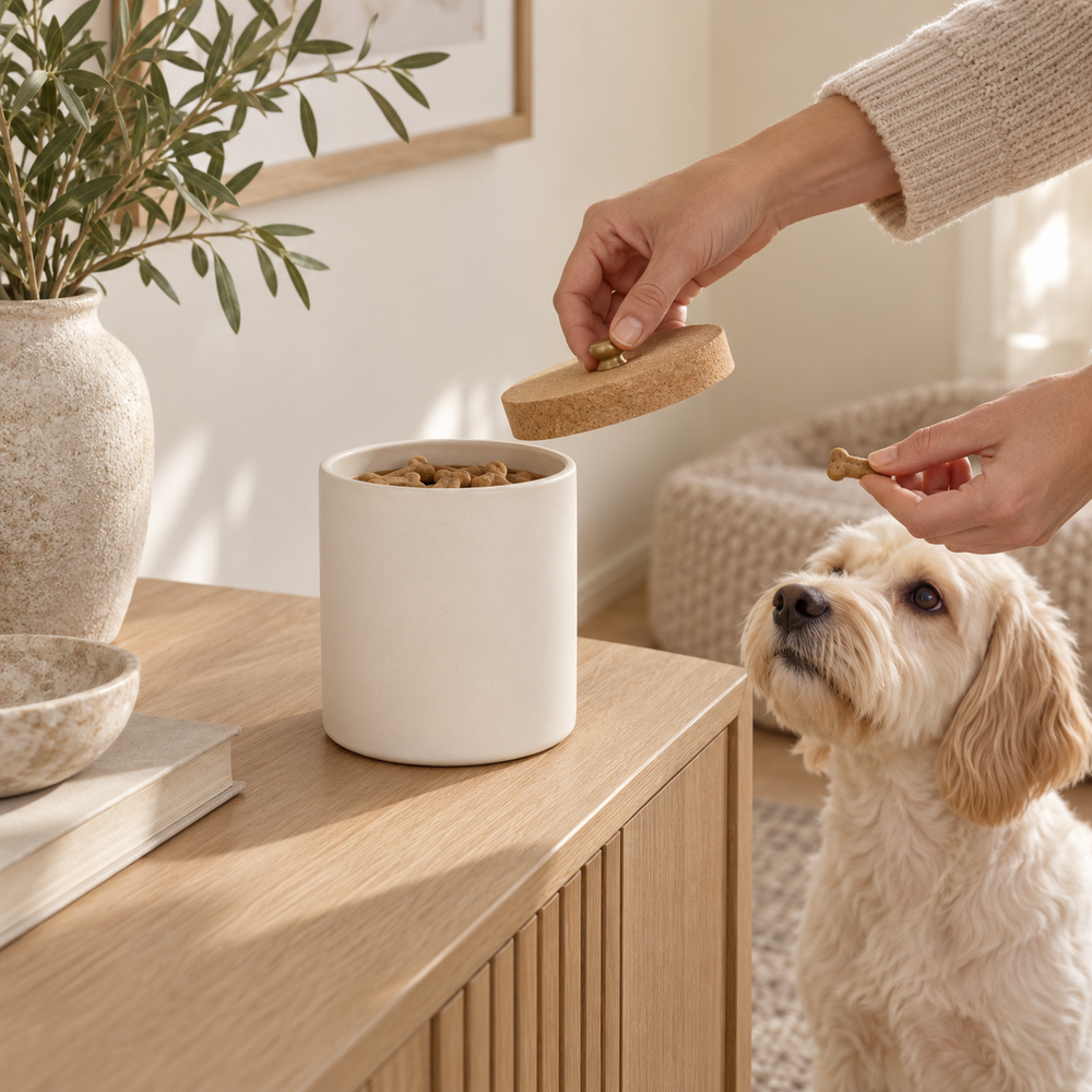 Stoneware Treat Canister styled in a warm modern kitchen
