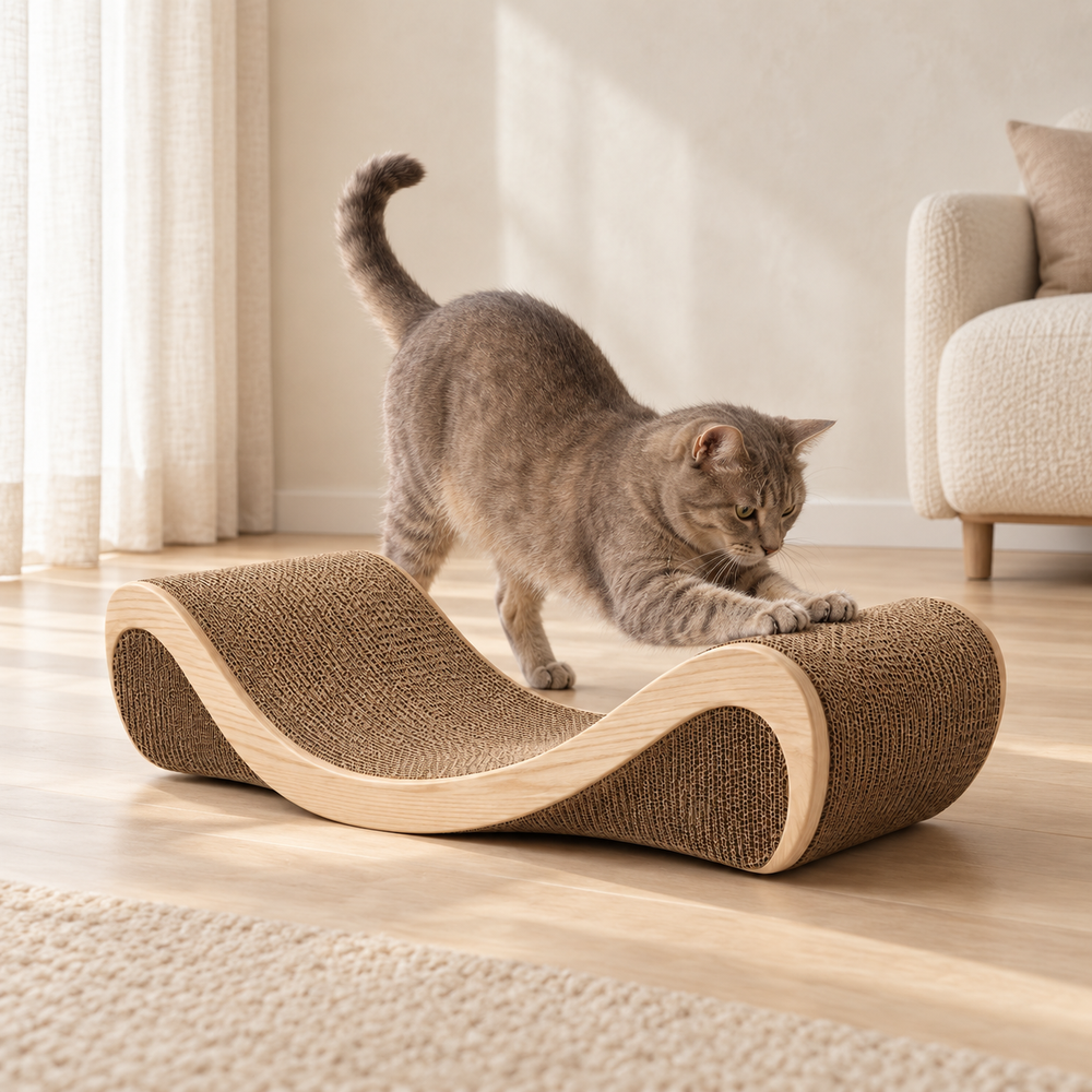 Cat using the Arc Sculptural Scratcher in a warm modern living space