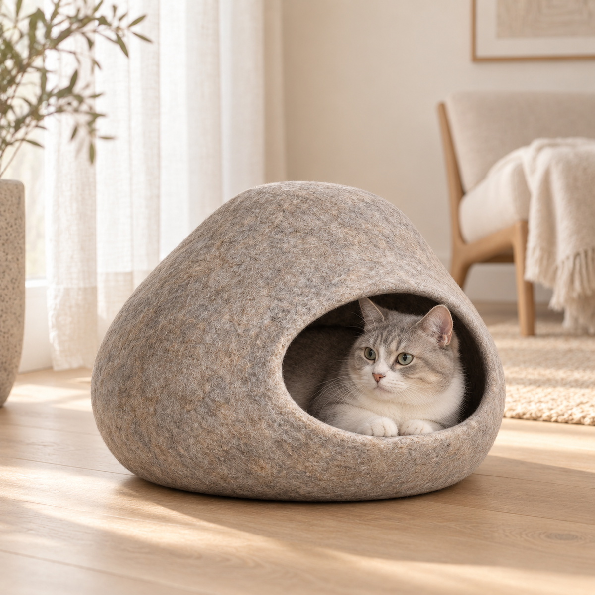Cat resting inside the Cocoon Felt Cat Cave in a warm neutral room