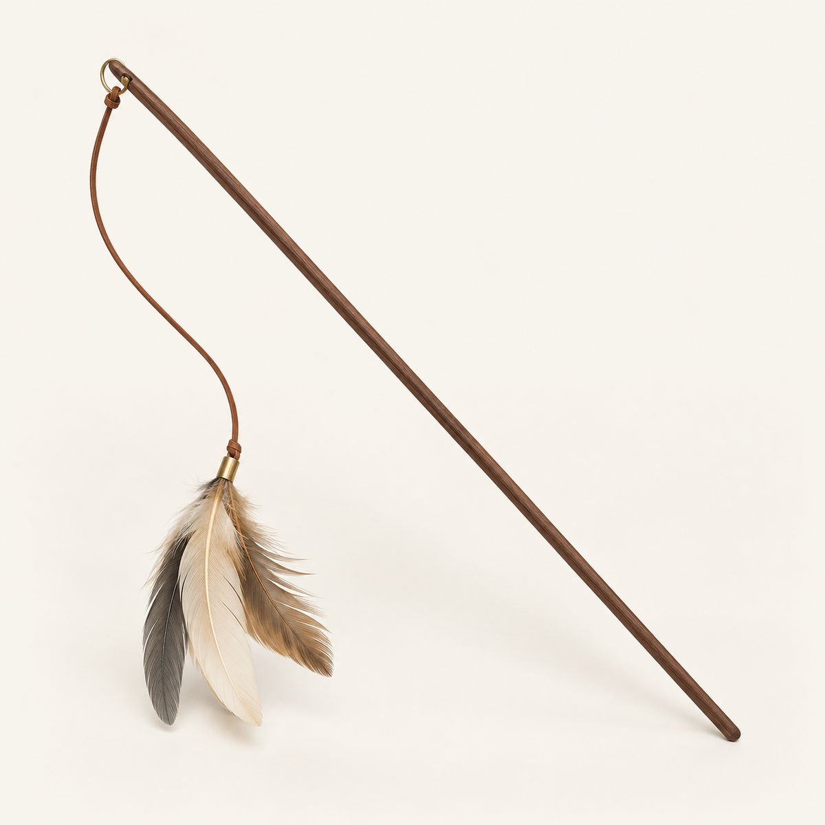 Featherline Teaser Wand with walnut handle, leather cord, and neutral feather cluster